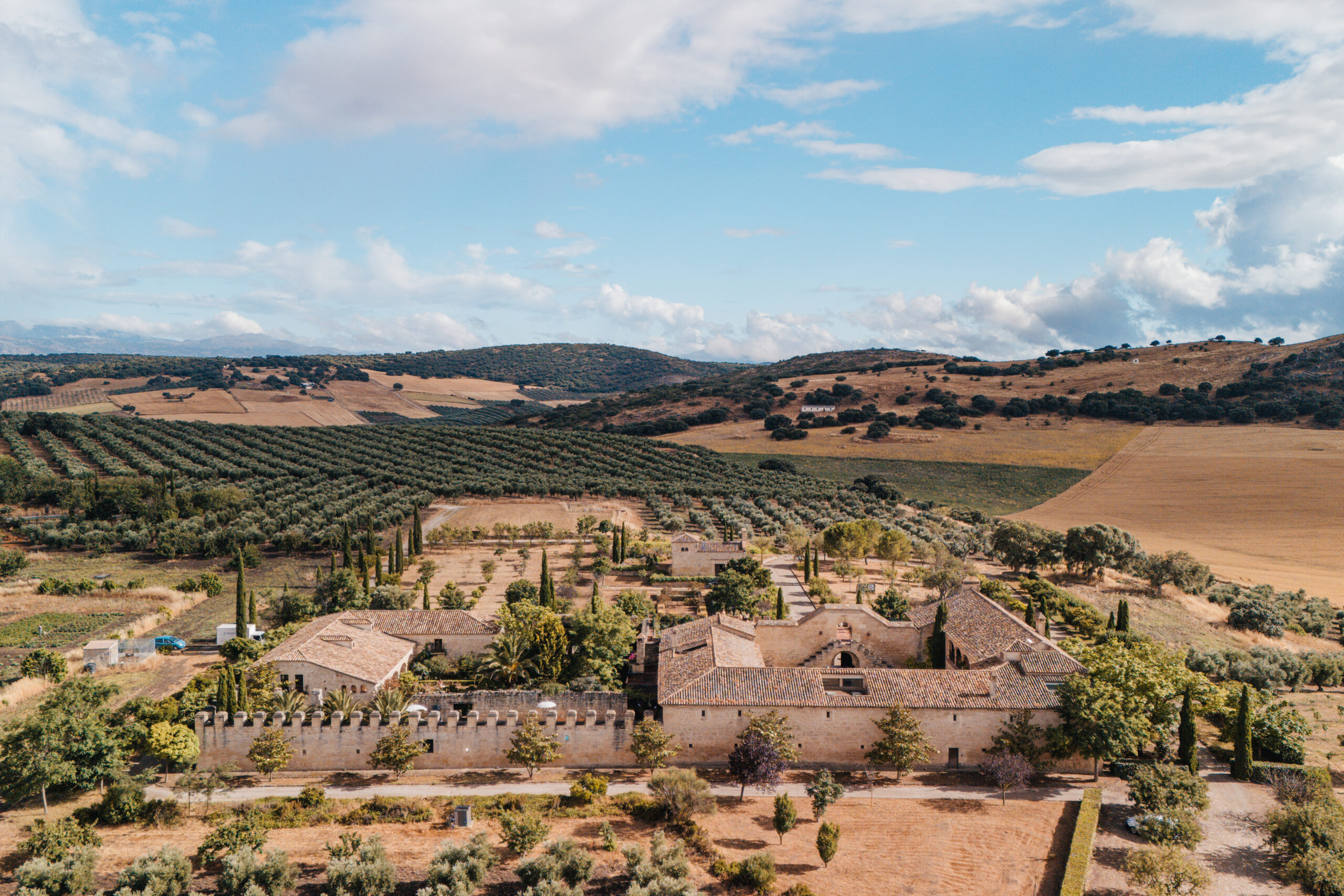 Aerial view of the estate at golden hour, La Casería de Tomillos